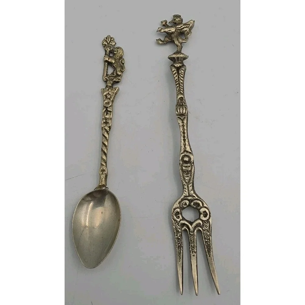Vintage Italian 6 Piece Serving Set Lions Holding Scepter Brass Gothic Italy